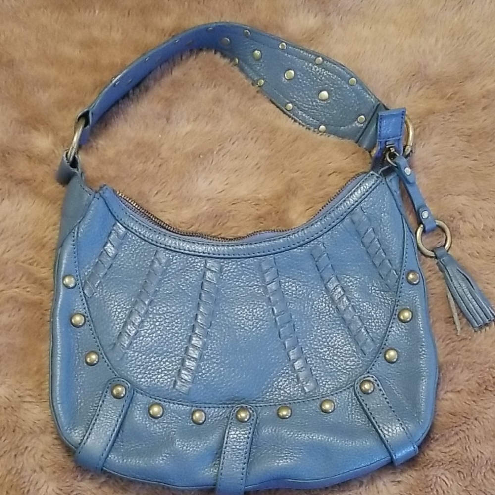 Blue leather fossil studded shoulder bag